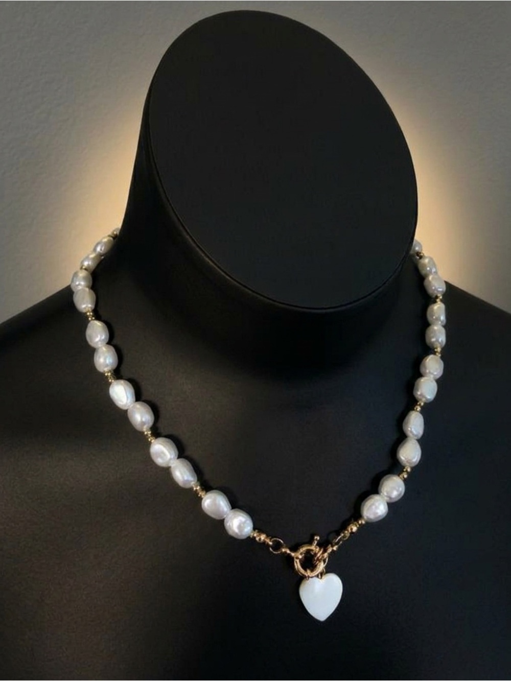 Golden tone and White FauxPearl Necklace with Heart Charm